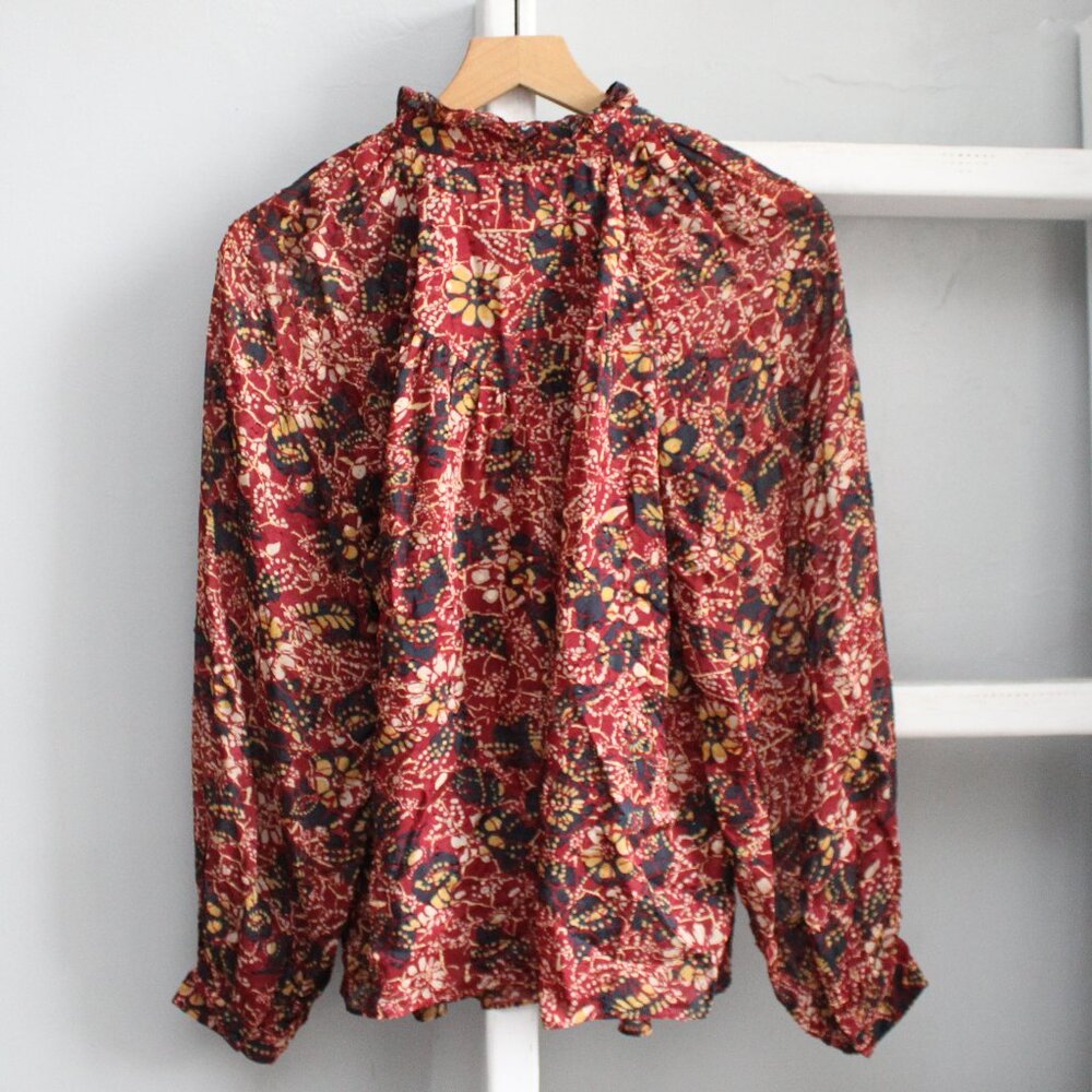 ba&sh Gaelle Sheer Floral Red Yellow Long Sleeve Mock Neck Blouse Size Medium - Picture 3 of 9